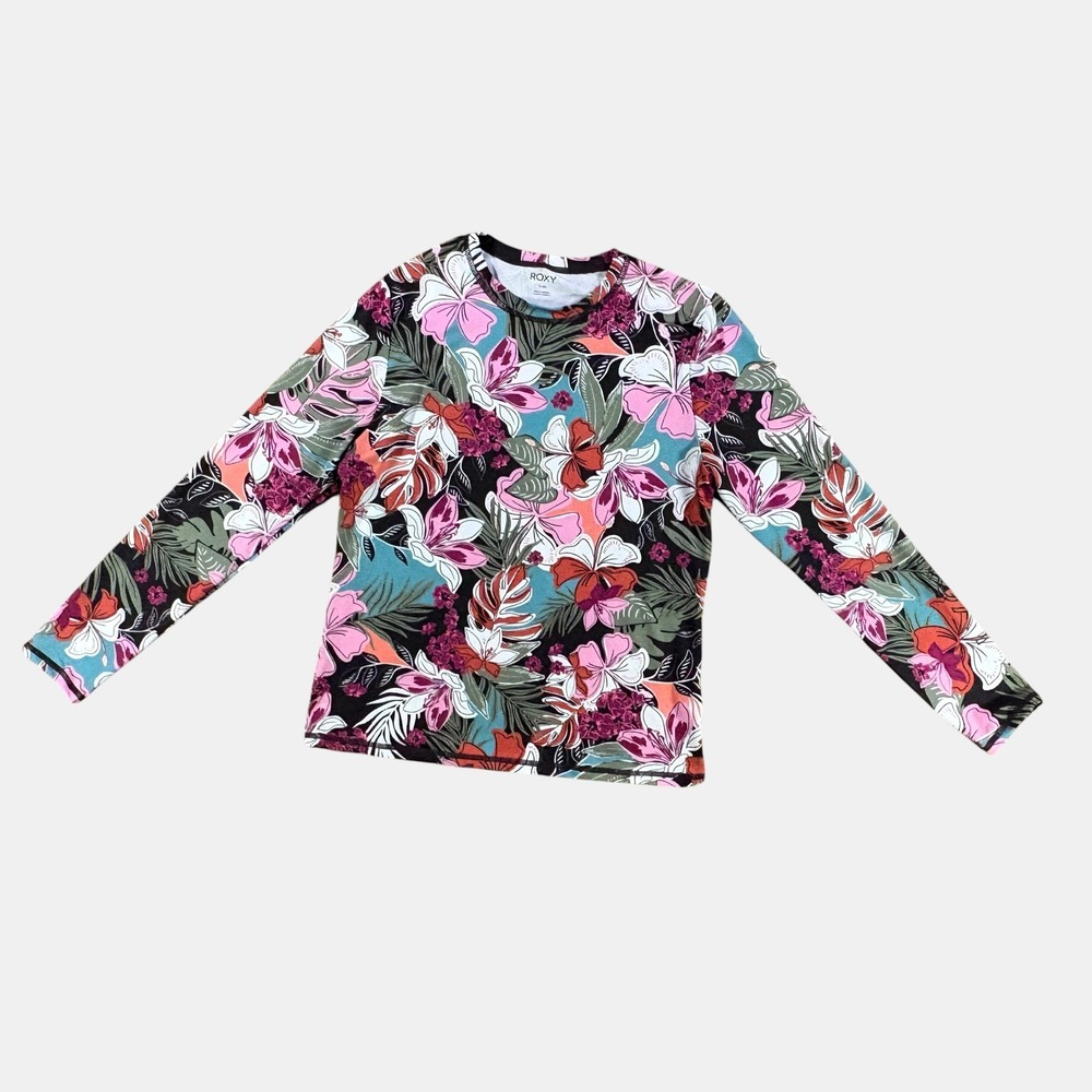 Roxy Womens Tropical Floral Long Sleeve Rash Guard Swim Top Black Pink Small